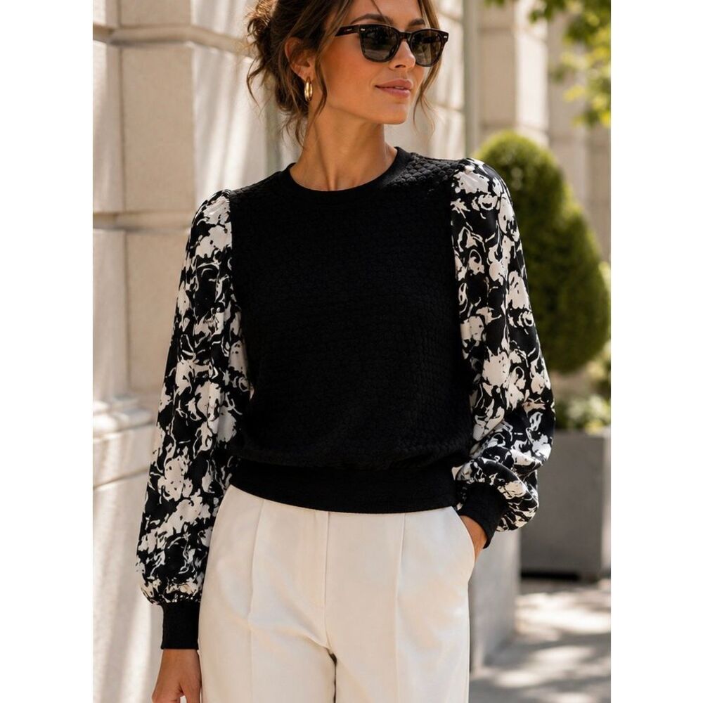 Porridge Anthropologie Black White Textured Knit Floral Balloon Sleeve Top Sz Me